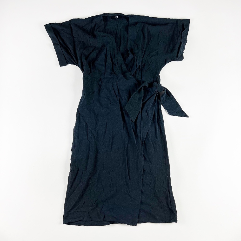 Able Loretta Crepe Short Sleeve V Neck Solid Black Wrap Midi Dress XS